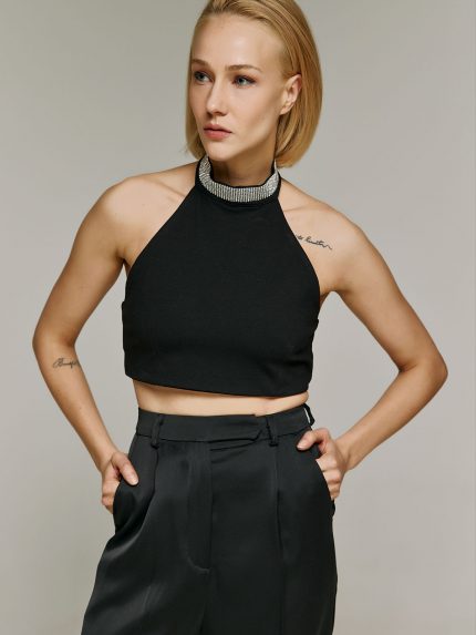 Jude Halterneck Top With Strass – Black