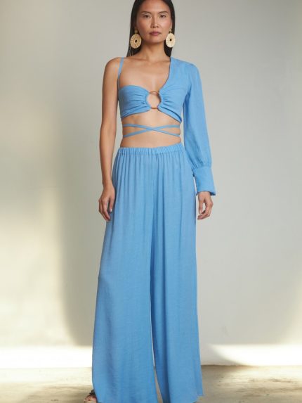 High Waisted Crinkle Trousers – White / Blue / Black