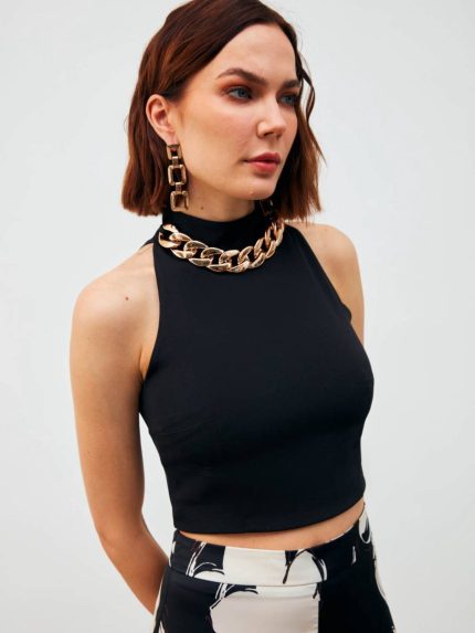 Lucia Halterneck Top With Chain – Black