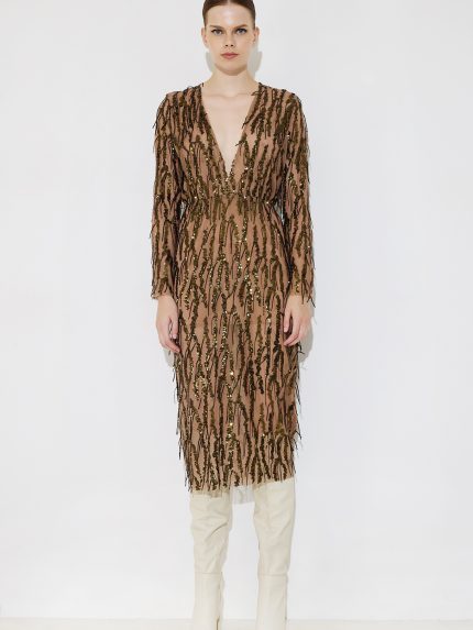 Vittoria Sequin Fringe Dress- Chocolate