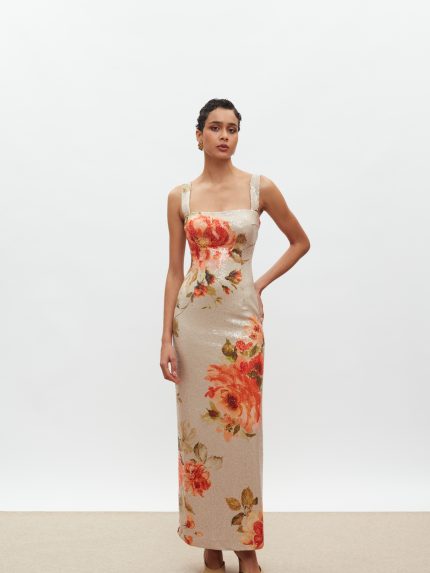 Kali Sequin Dress – Beige/Orange Floral