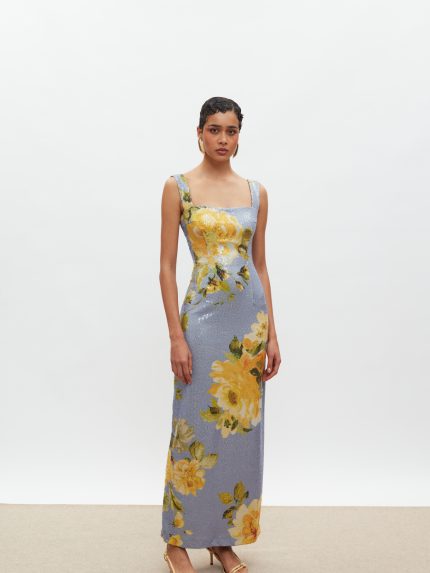 Kali Sequin Dress – Indigo/Yellow Floral