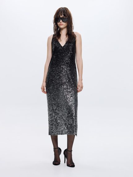 Serin Sequin Midi Dress – Black