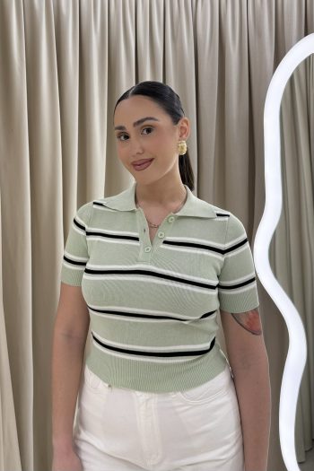 Mindy Polo Striped Knit – Mint