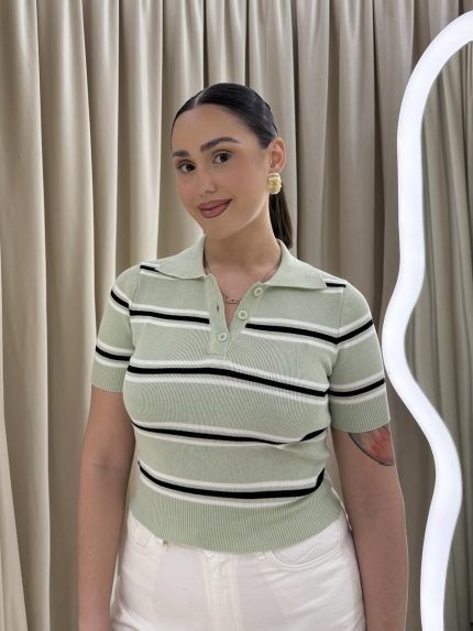 Mindy Polo Striped Knit – Mint