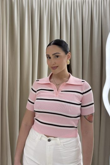 Mindy Polo Striped Knit – Pink