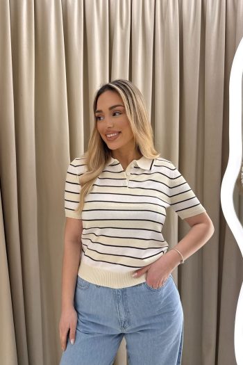 Evelyn Knit Striped Polo – Cream