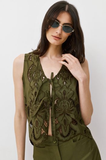 Claire Embroidered Vest – Khaki