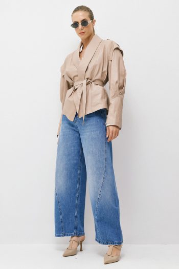 Leather Belted Jacket – Beige - Image 4