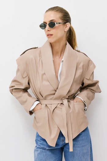 Leather Belted Jacket – Beige
