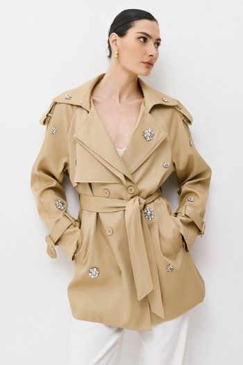 Jeweled Trench Coat – Beige