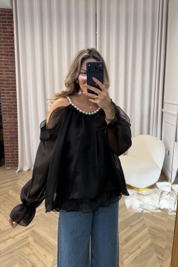 Pearl Ruffle Top – Black - Image 2